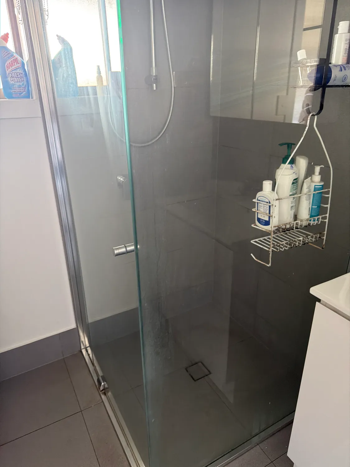 Shower screen behind caddy after cleaning