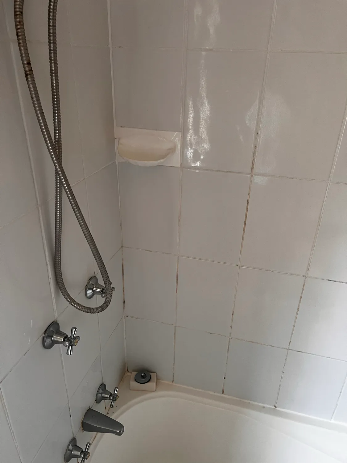 Bathtub taps and tiles before cleaning
