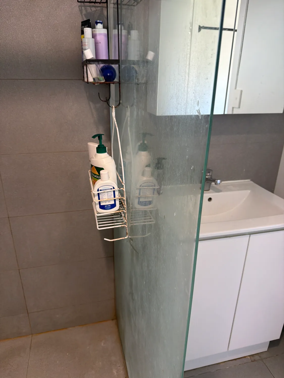 Shower screen behind caddy before cleaning