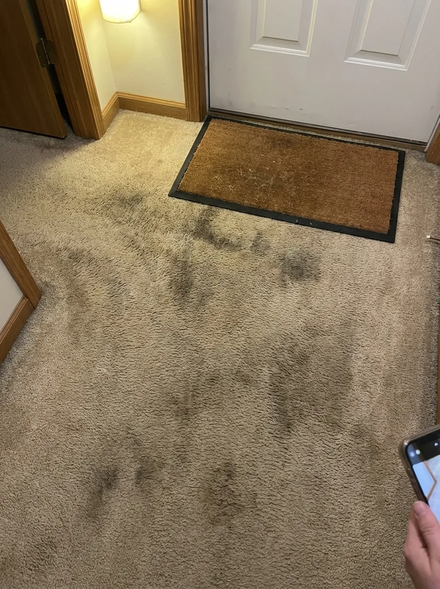 Carpet with ground-in dirt and dark patches before steam cleaning