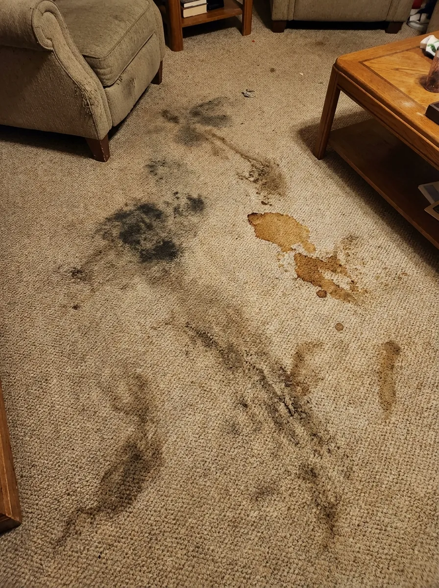 Living room carpet with heavy staining before steam cleaning