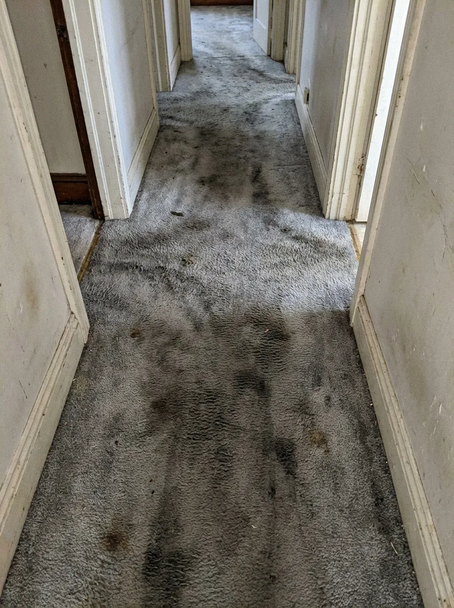 Hallway carpet with dark wear marks from heavy foot traffic before cleaning