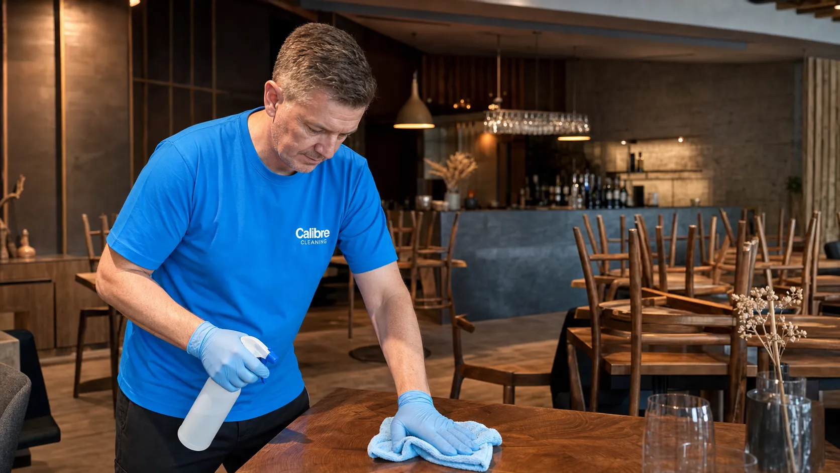 Hospitality venue front of house and kitchen cleaned by Calibre Cleaning commercial cleaners