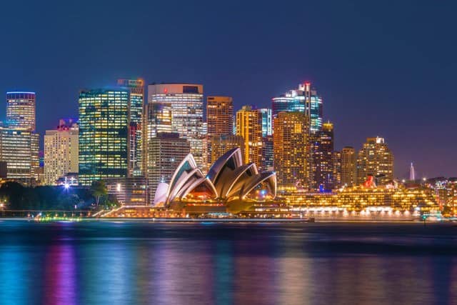 Sydney harbour bridge and city skyline at night
