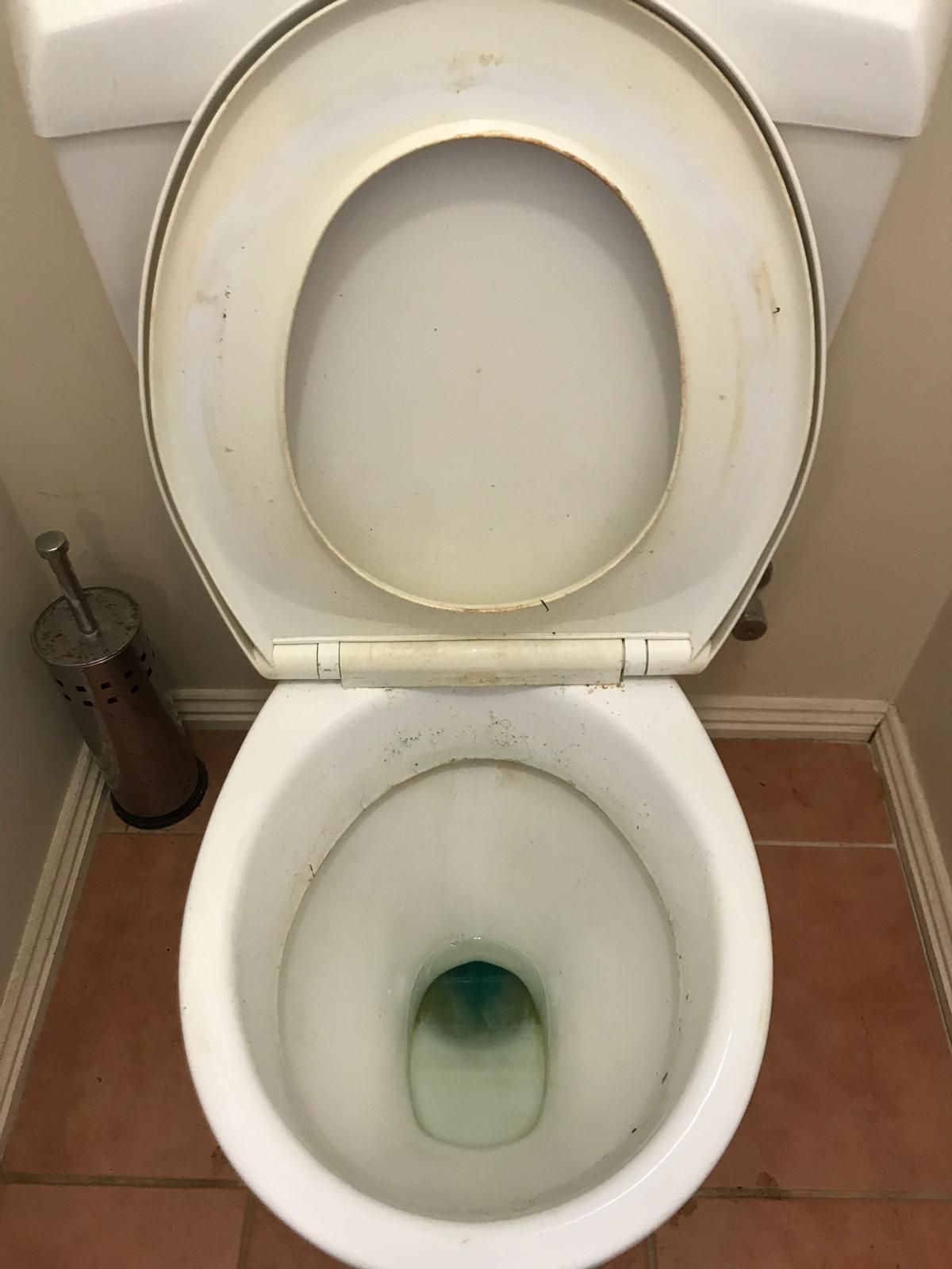 Toilet bowl with stains and discoloration before sanitizing